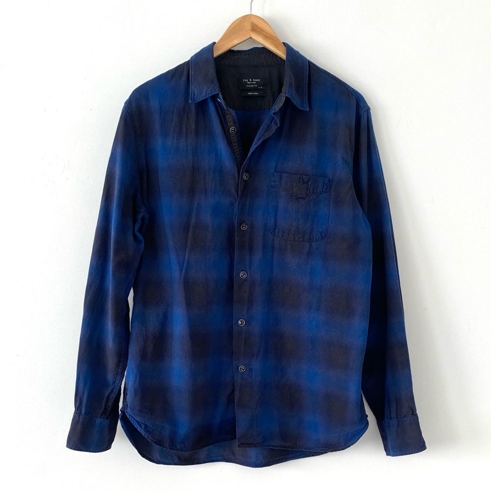 rag & bone Navy and Black Plaid Shirt Sz L Classic Fit
